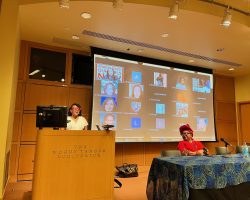 Photo caption: Dr. Gbemisola Abiola (left) speaks during the panel while Professor Okome (right) looks on. 
Photo credit: Molly Bangs