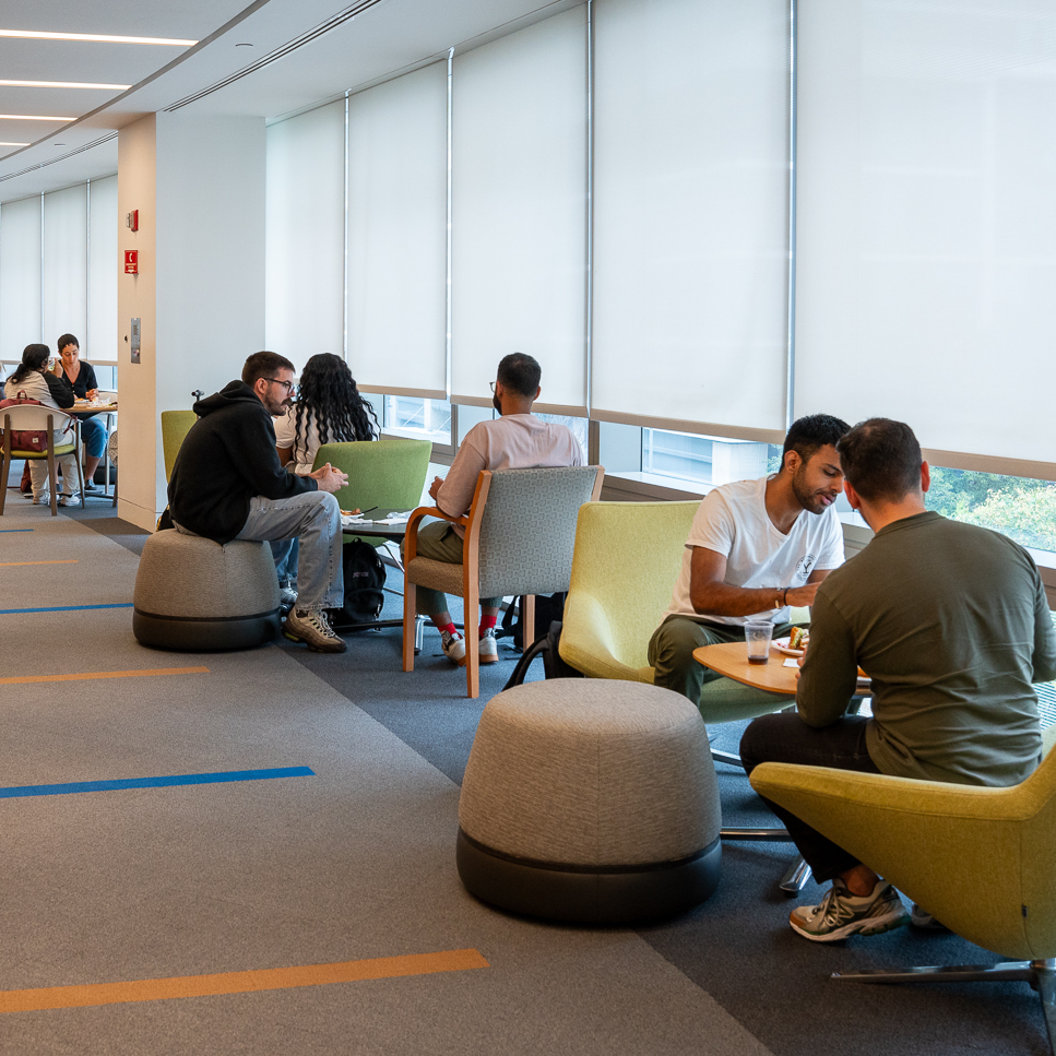 students studying seated at tables along the wall of windows