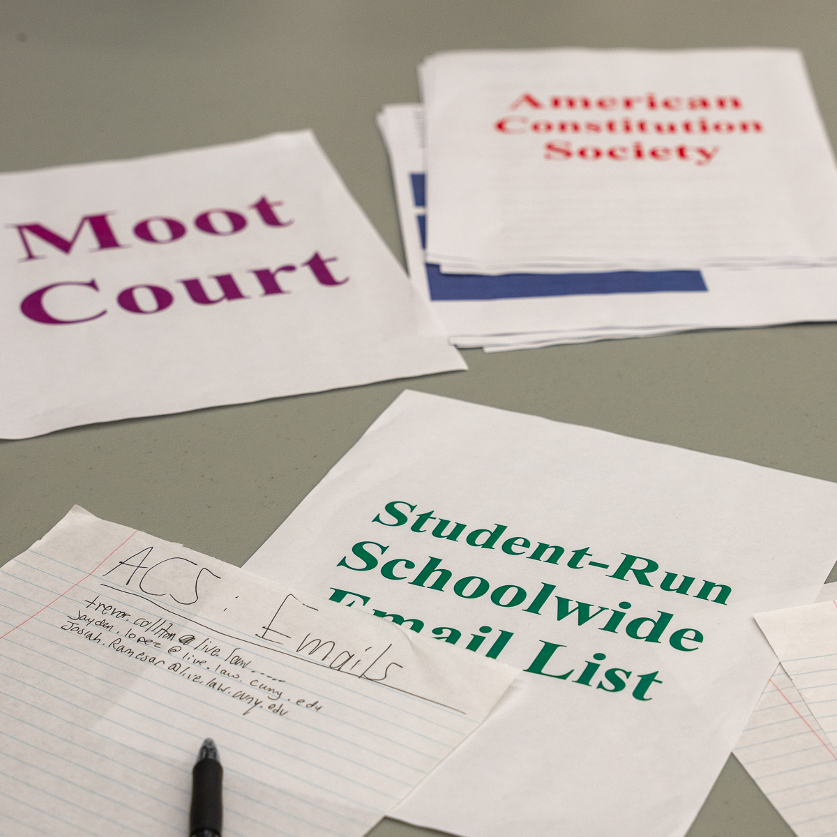 Signs for different school organizations American Constitution Society, Moot Court, etc.