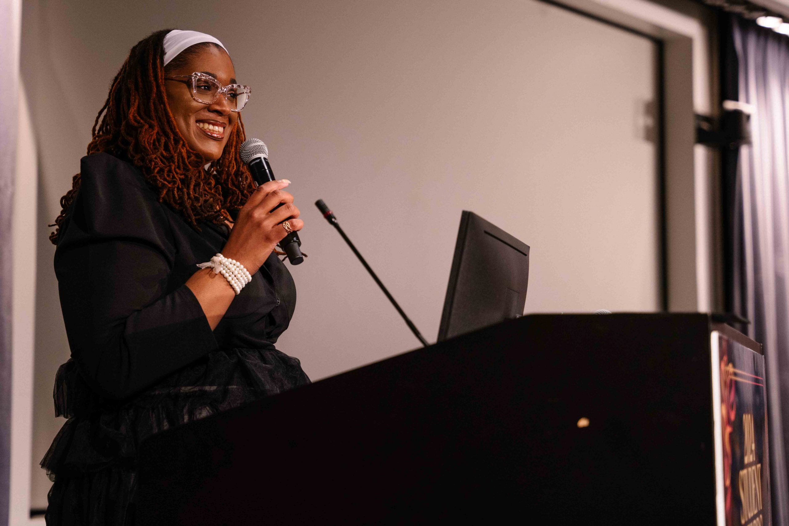 Karimah Shabazz gives a speech at Student Grad Night 2024.