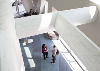 view of column from third floor down to lobby, architectural structure.