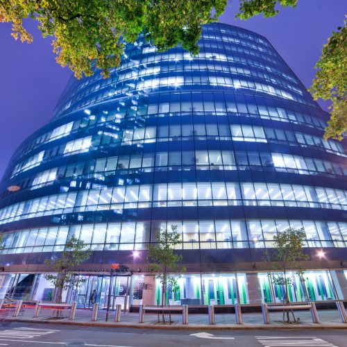 CUNY School of Law building at night