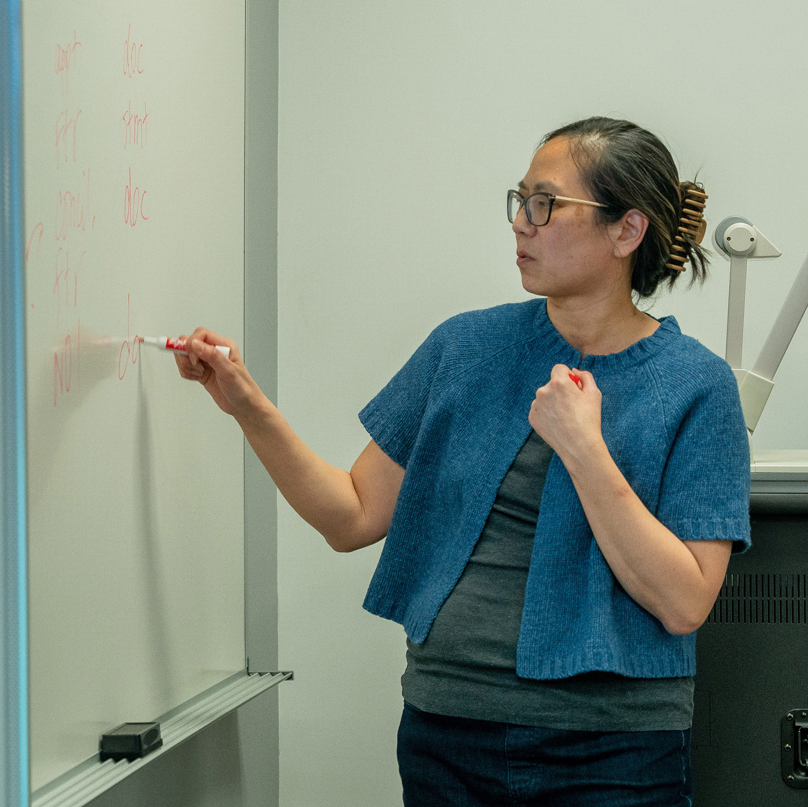 Professor Lynn Lu at board teaching class.