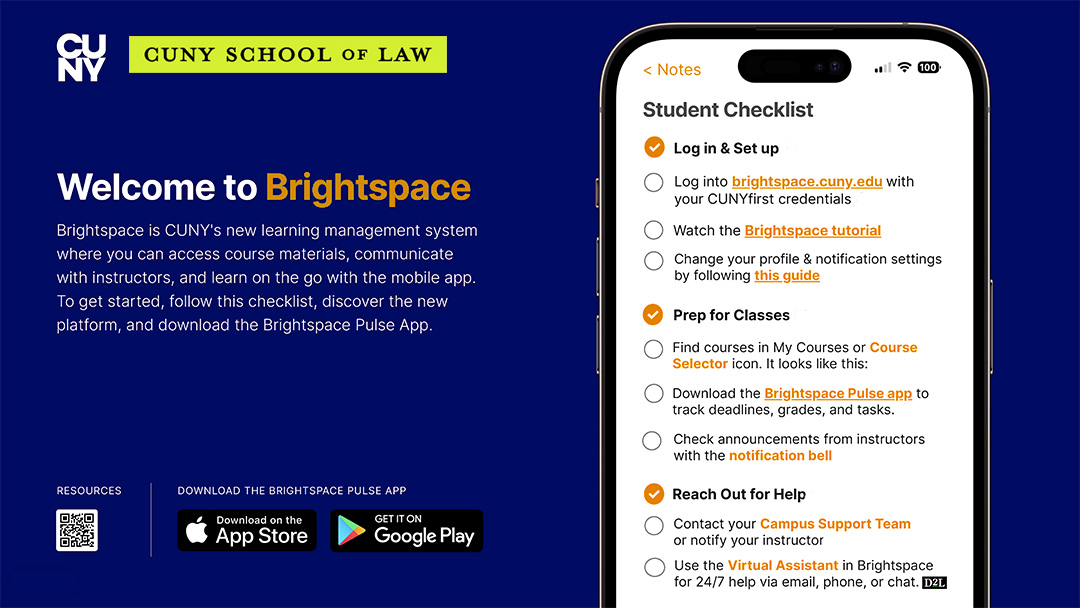 Student checklist for getting started with Brightspace at CUNY.