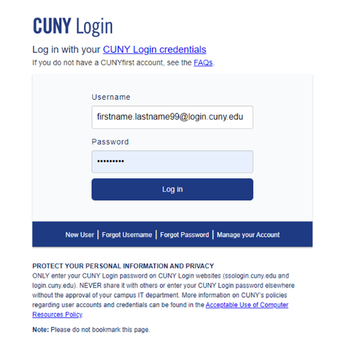 CUNY Login screen