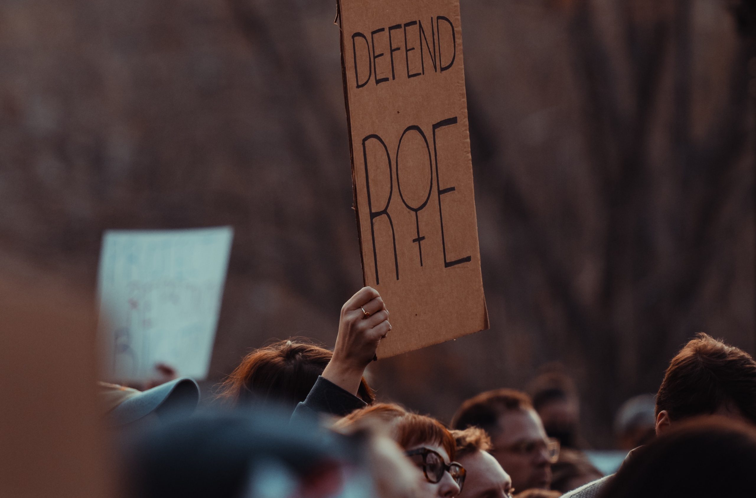 Stock image of person holding Defend Roe cardboard sign