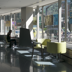 a person sits working at at table in front of a large window at CUNY Law