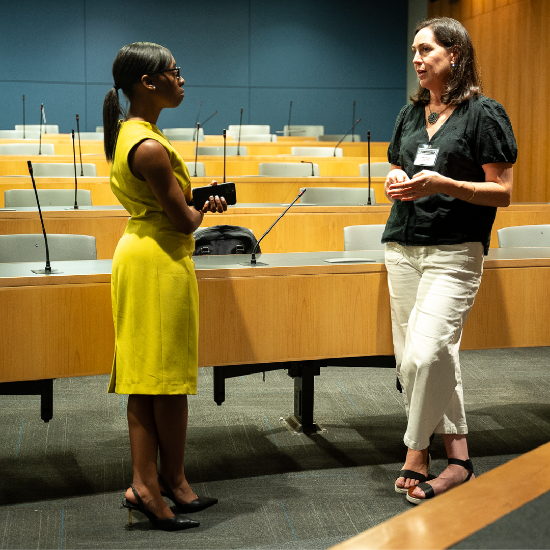 student and professor standing and talking in classroom