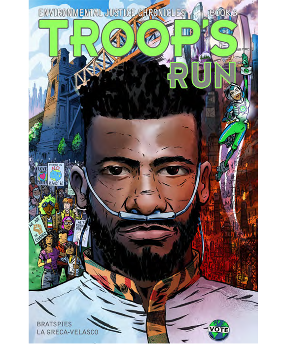 Troops Run graphic novel colorful background with young man with nasal cannula for oxygen