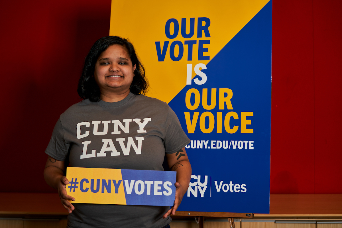 Student Government leader Nowmee Shehab poses for CUNY's voter registration campaign