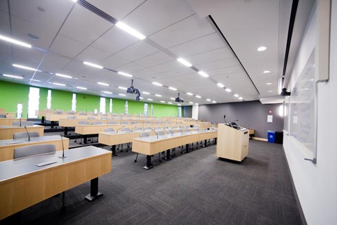 large seminar classroom with podium up front