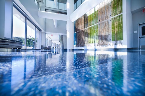 First Floor lobby with bamboo evergreen art and industrial architecture