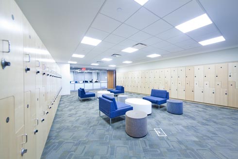 Very large hallway with walls lined with lockers