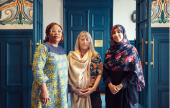 From left: Nobel Peace Prize laureates Leymah Gbowee, Jody Williams and Tawakkol Karman during a trip to visit displaced Ukrainian women. Photo credit: Nobel Women’s Initiative