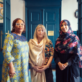 From left: Nobel Peace Prize laureates Leymah Gbowee, Jody Williams and Tawakkol Karman during a trip to visit displaced Ukrainian women. Photo credit: Nobel Women’s Initiative