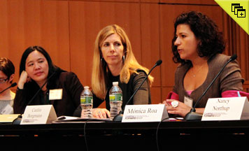 From left: Marianne Mollmann, Senior Policy Advisor, Amnesty International; Cindy Soohoo, Professor of Law and Director, International Women's Human Rights Clinic, CUNY School of Law; Caitlin Borgmann, Professor of Law, CUNY School of Law; and Monica Roa, Director of Programs, Women's Link Worldwide. Photo by Bradley Parker.