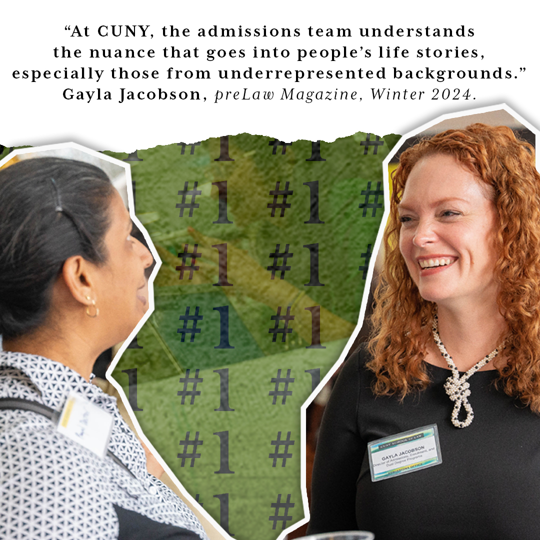 Scrapbook cuotout graphic of Director of Admissions Gayla Jacobson speaking with a student, with the quote "At CUNY, the admissions team understands the nuance that goes into people’s life stories, especially those from underrepresented backgrounds."