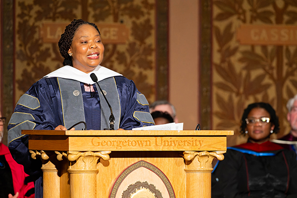 IGLTP Executive Director Leymah Gbowee gives the Oliver Tambo lecture at Georgetown University.Photo Credit: Phil Humnicky/Georgetown University