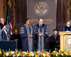 IGLTP Executive Director Leymah Gbowee receives an honorary degree at Georgetown University. Photo Credit: Phil Humnicky/Georgetown University