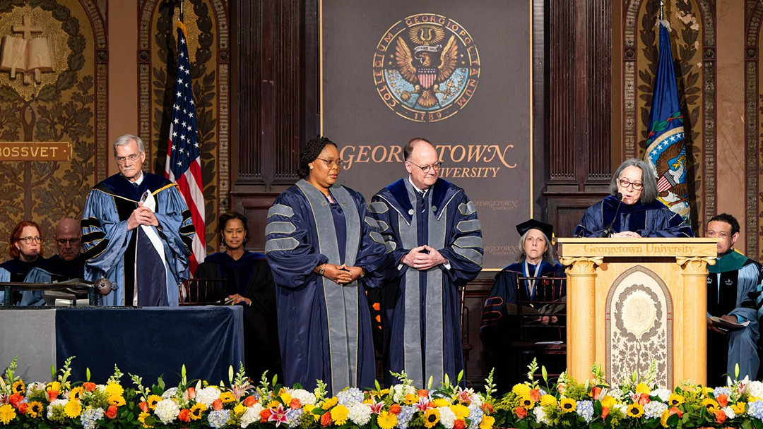 IGLTP Executive Director Leymah Gbowee receives an honorary degree at Georgetown University. Photo Credit: Phil Humnicky/Georgetown University