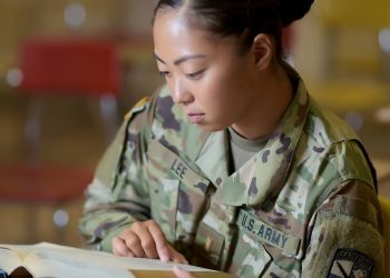 Student in army fatigues reading a book